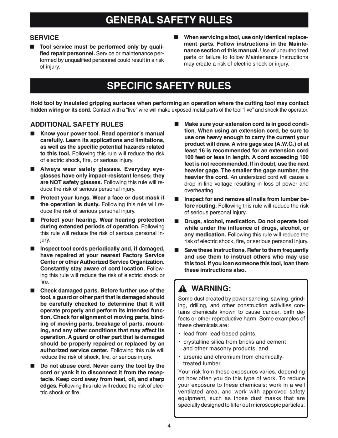 Ryobi RE180PL1 manual Specific Safety Rules, Service, Additional Safety Rules 