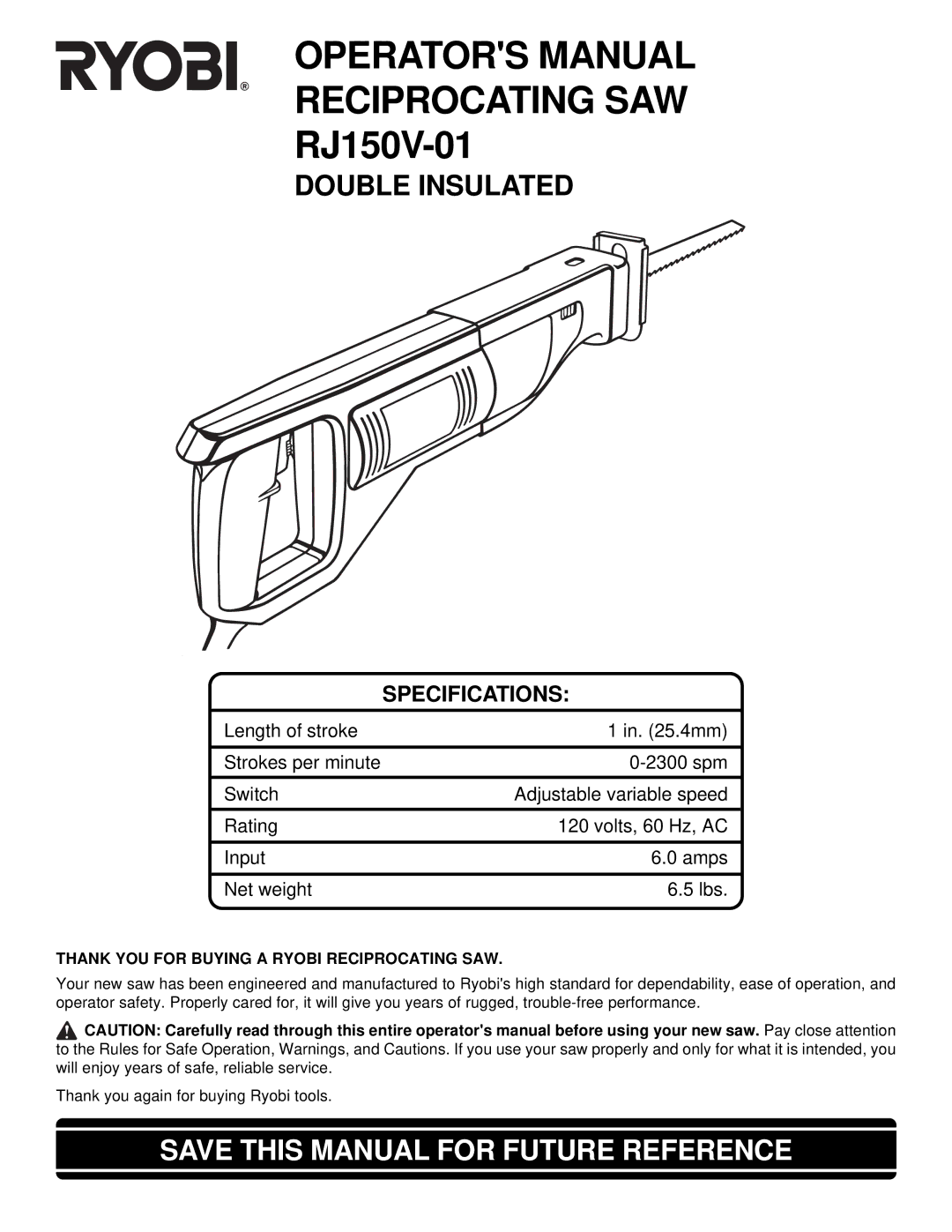 Ryobi RJ150V-01 specifications Save this Manual for Future Reference, Specifications 