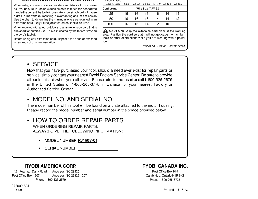 Ryobi specifications Operators Manual Reciprocating SAW RJ150V-01, Ryobi Canada INC 