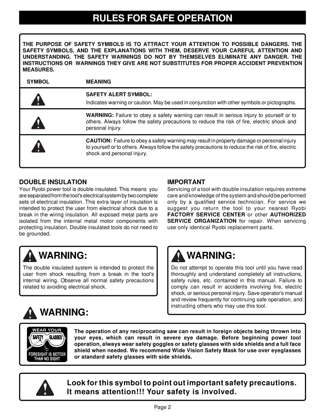 Ryobi RJ150V-01 specifications Rules for Safe Operation, Double Insulation 