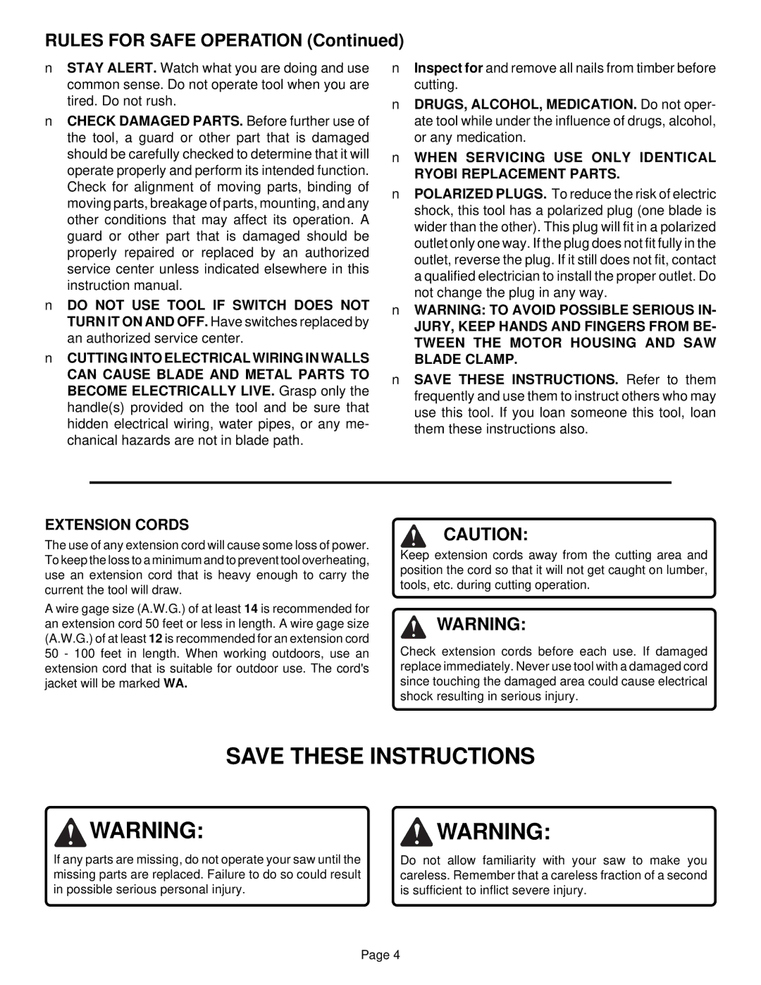 Ryobi RJ150V-01 specifications Rules for Safe Operation, Extension Cords 