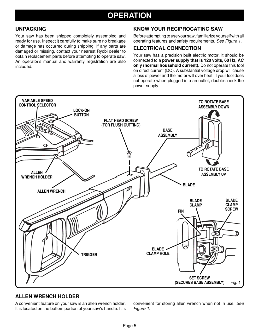 Ryobi RJ150V-01 Operation, Unpacking, Know Your Reciprocating SAW, Electrical Connection, Allen Wrench Holder 