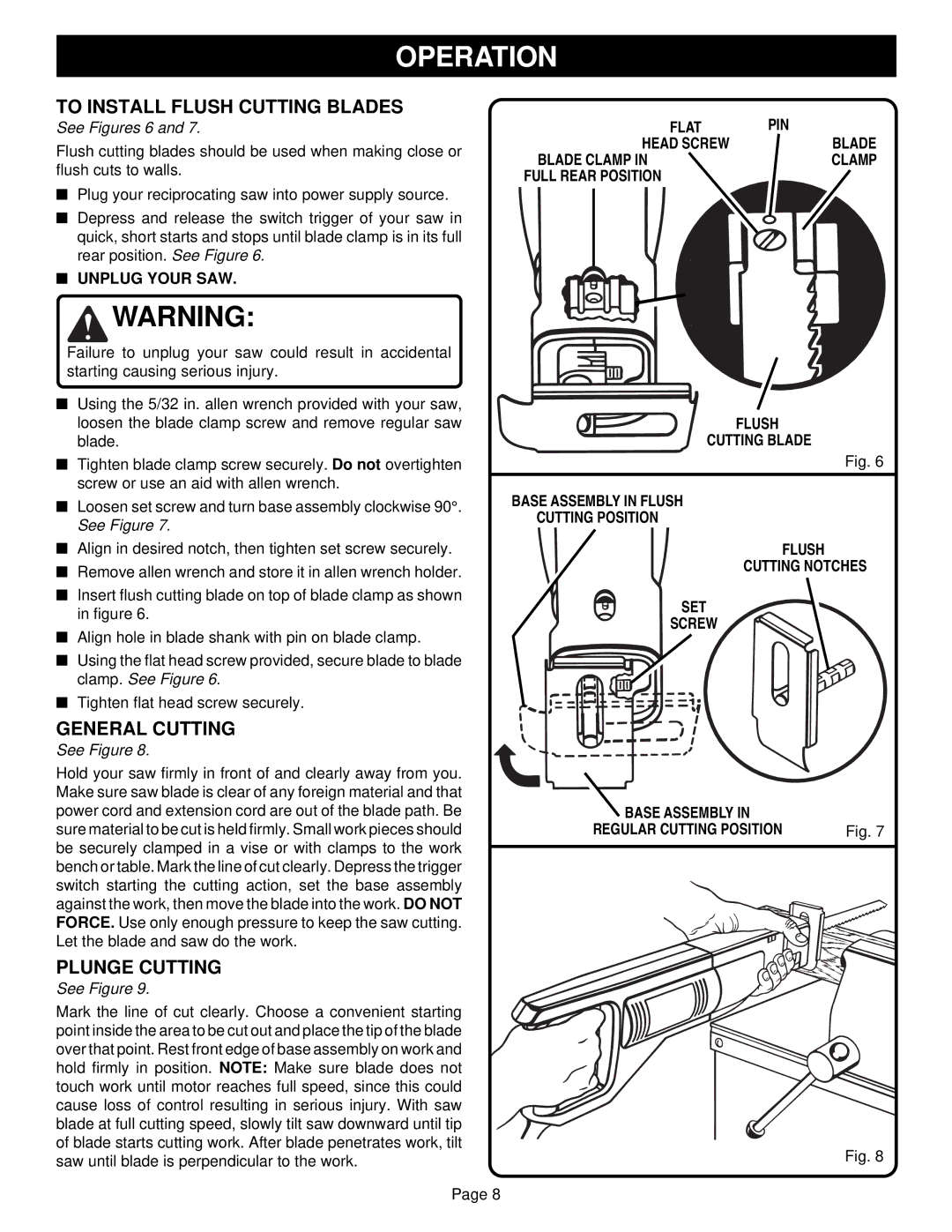 Ryobi RJ150V-01 specifications To Install Flush Cutting Blades, General Cutting, Plunge Cutting 