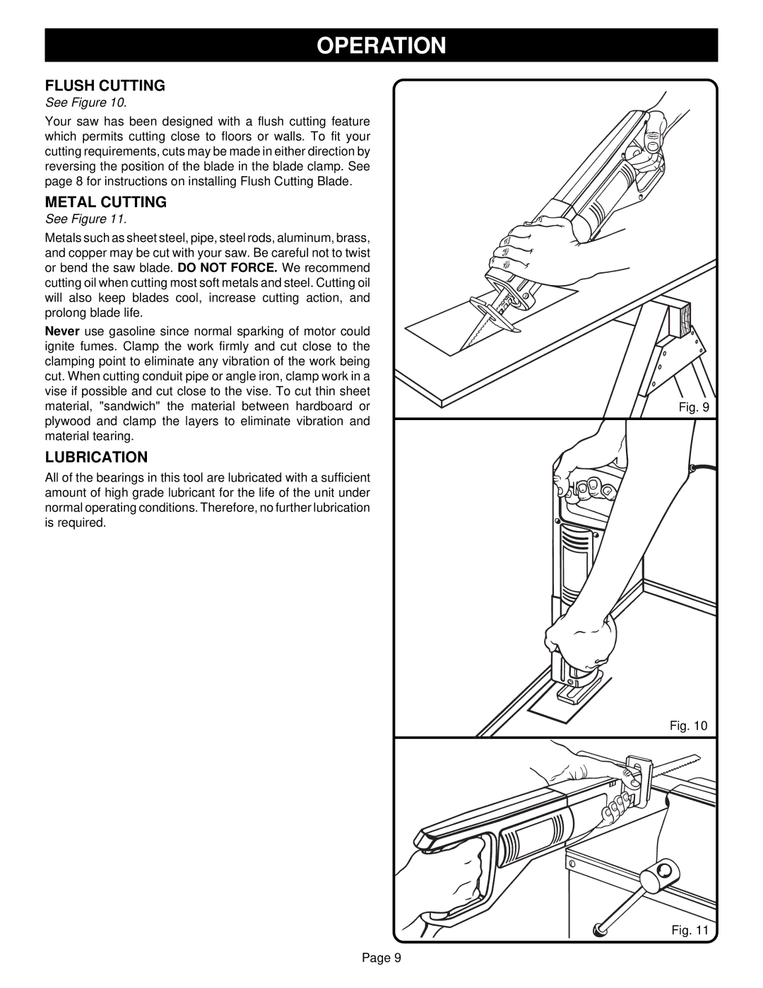 Ryobi RJ150V-01 specifications Flush Cutting, Metal Cutting, Lubrication 