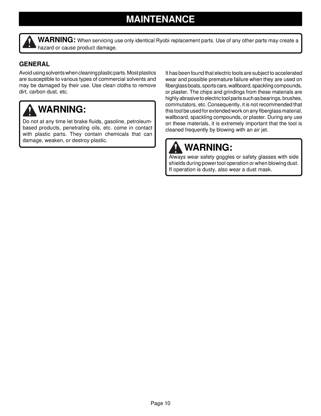 Ryobi RJ150V-02 specifications Maintenance, General 