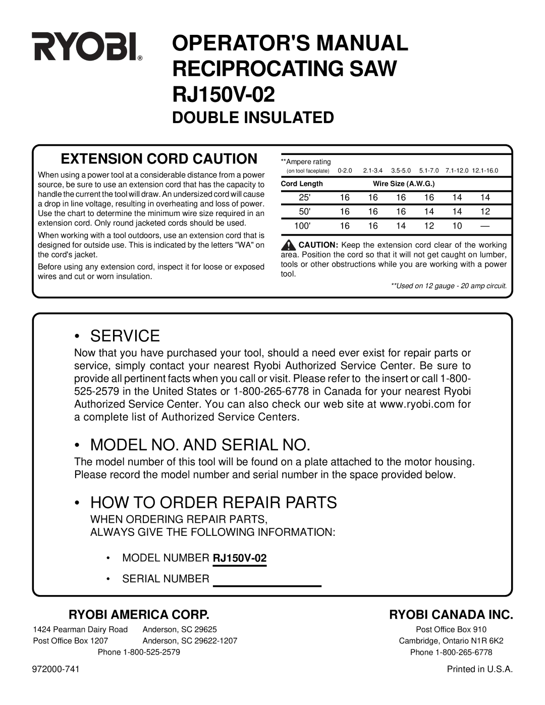 Ryobi specifications Operators Manual Reciprocating SAW RJ150V-02, Ryobi Canada INC 