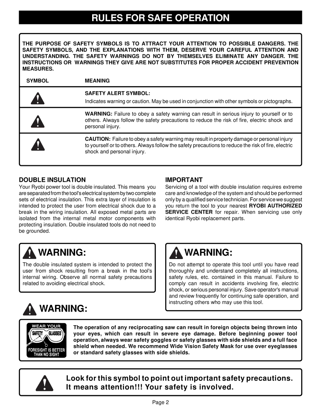 Ryobi RJ150V-02 specifications Rules for Safe Operation, Double Insulation 