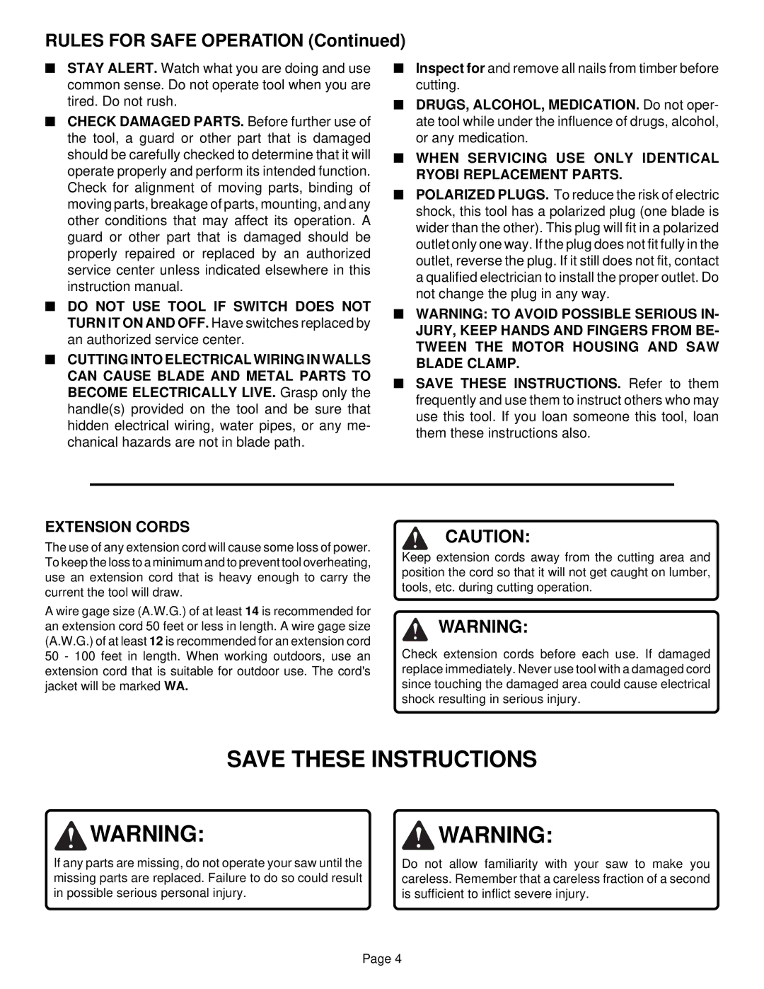 Ryobi RJ150V-02 specifications Rules for Safe Operation, Extension Cords 