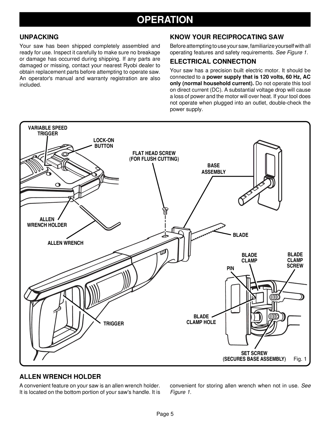 Ryobi RJ150V-02 Operation, Unpacking Know Your Reciprocating SAW, Electrical Connection, Allen Wrench Holder, SET Screw 