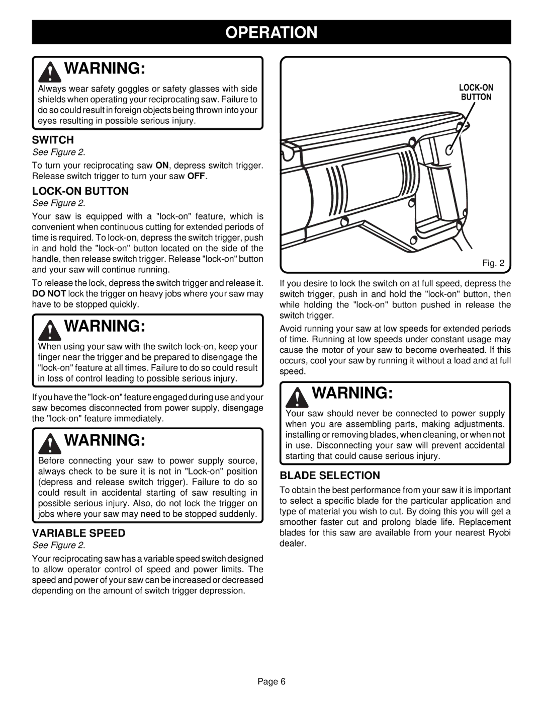 Ryobi RJ150V-02 specifications Switch, LOCK-ON Button, Variable Speed, Blade Selection 
