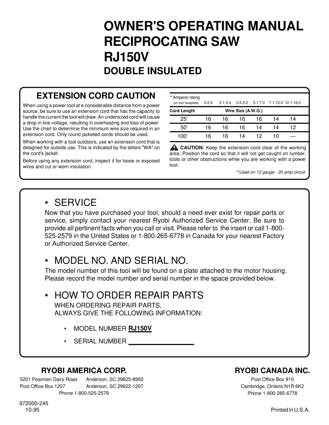 Ryobi RJ150V specifications Extension Cord Caution, Ryobi Canada INC 