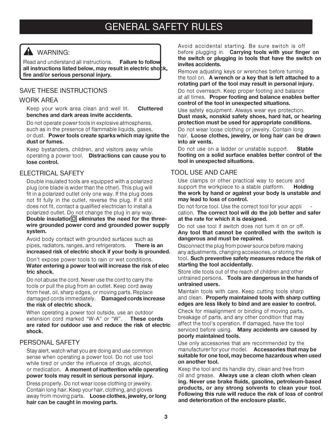 Ryobi RJ162VK manual General Safety Rules, Work Area, Electrical Safety, Personal Safety, Tool USE and Care 