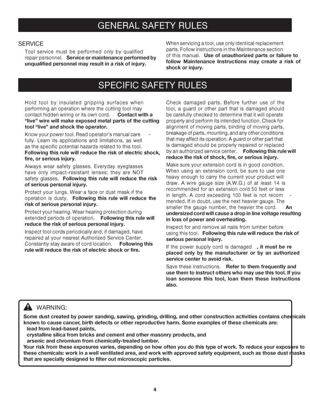 Ryobi RJ162VK manual Specific Safety Rules, Service 