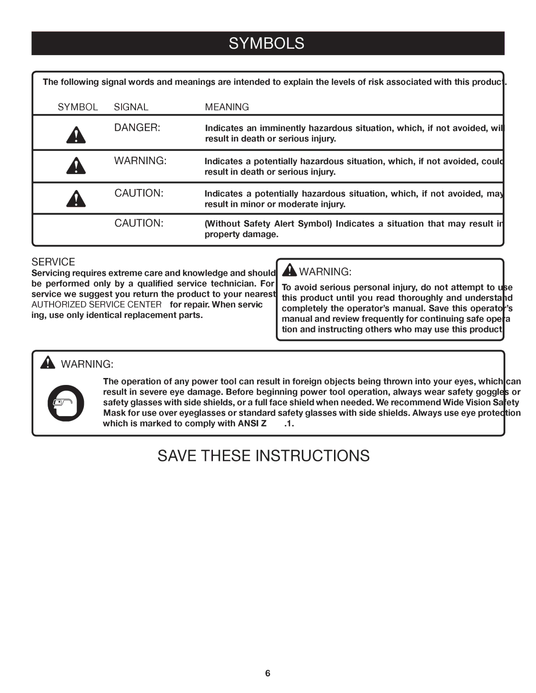 Ryobi RJ162VK manual Symbol Signal Meaning 