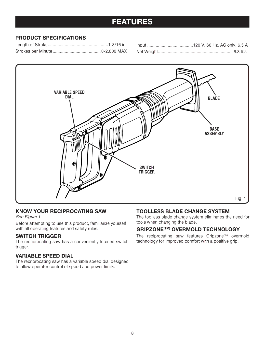 Ryobi RJ162VK manual Features 