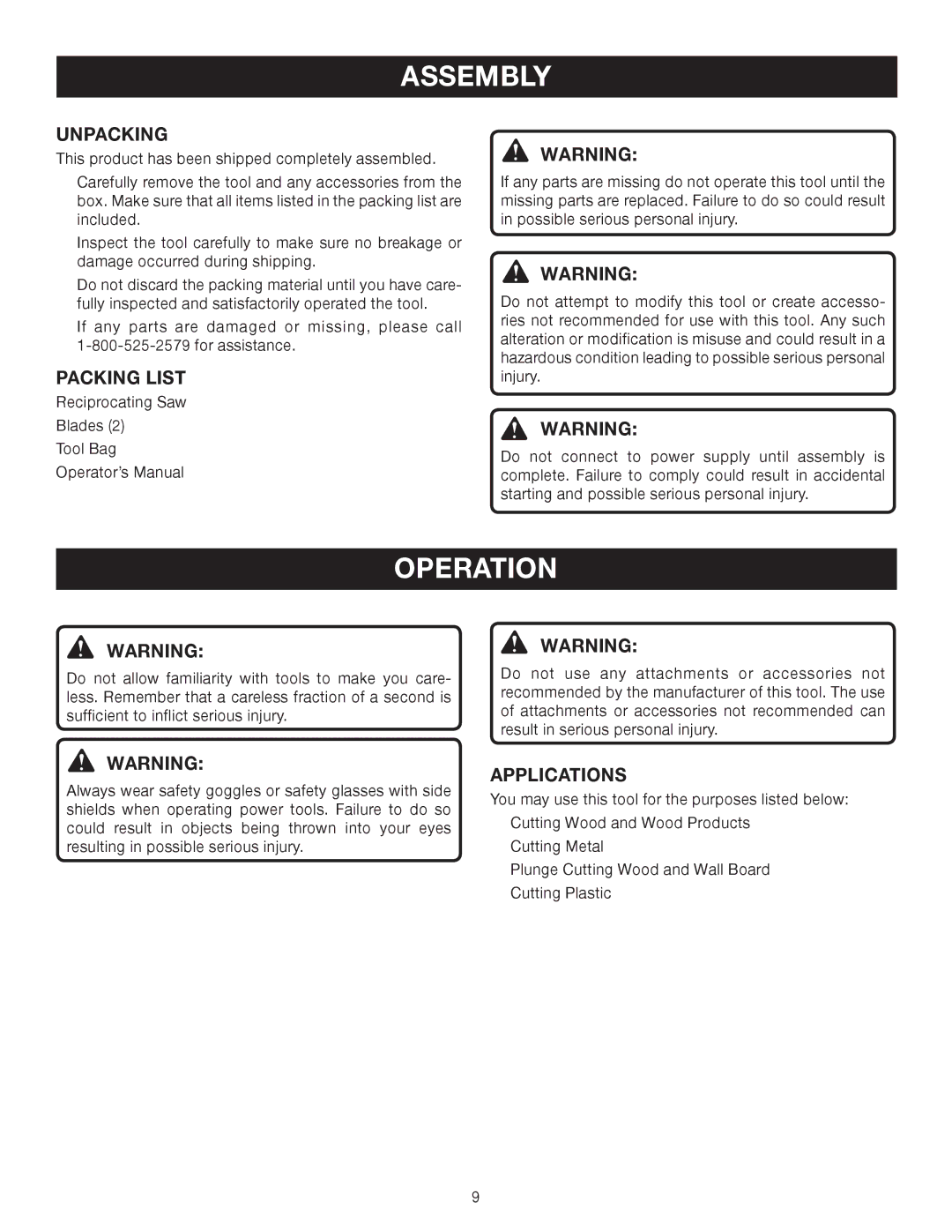 Ryobi RJ162VK manual Assembly, Operation, Unpacking, Packing List, Applications 