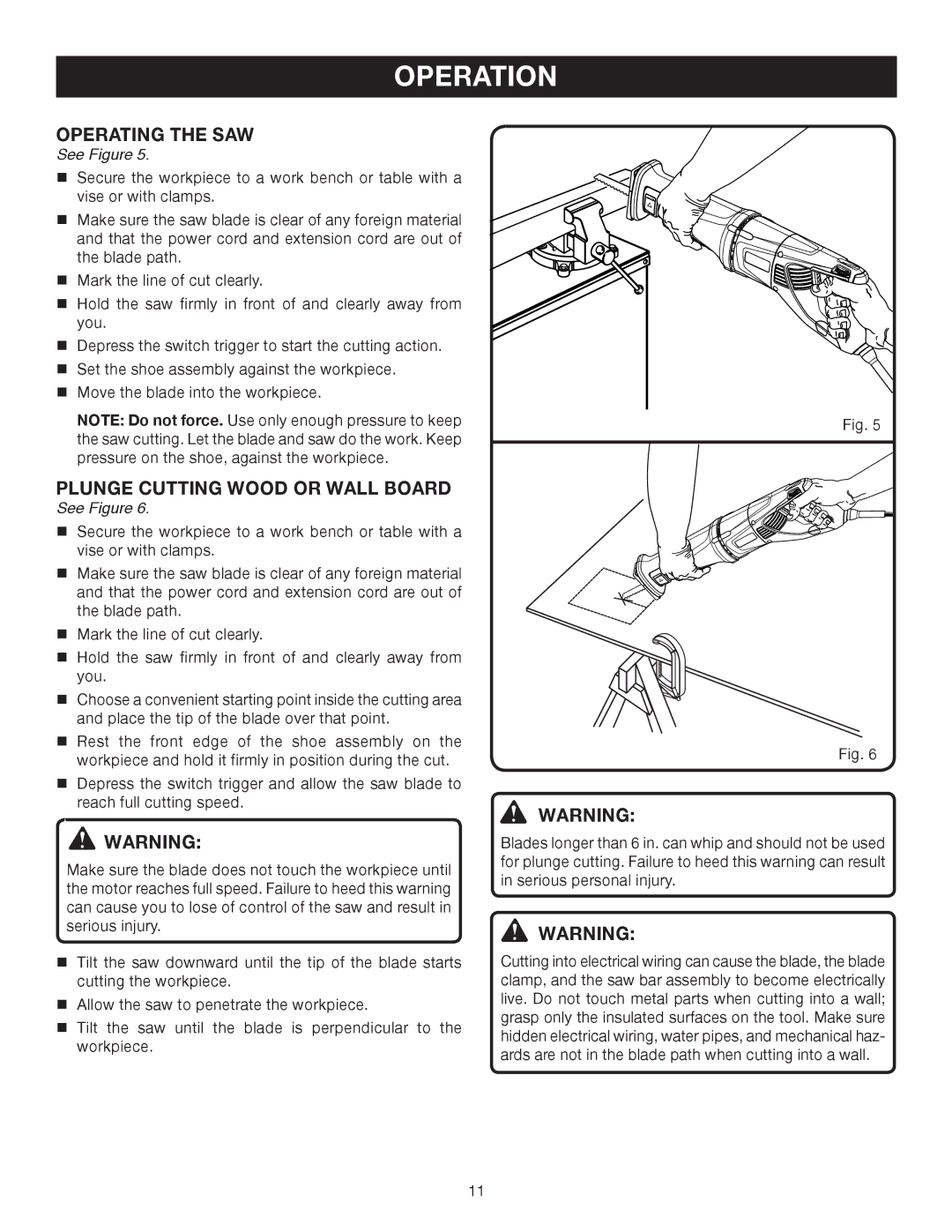 Ryobi RJ165V manual Operating the SAW, Plunge Cutting wood or wall board 