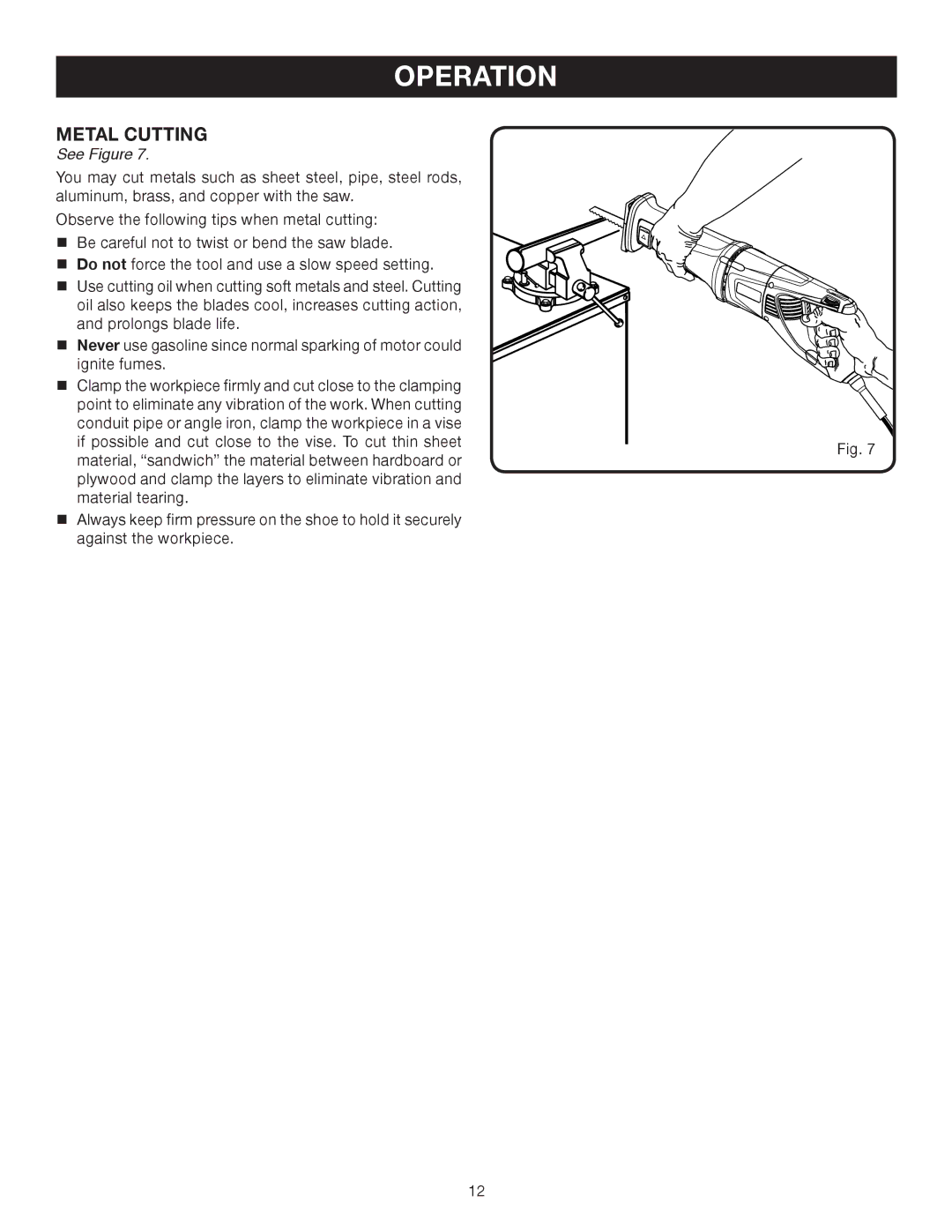 Ryobi RJ165V manual Metal Cutting 