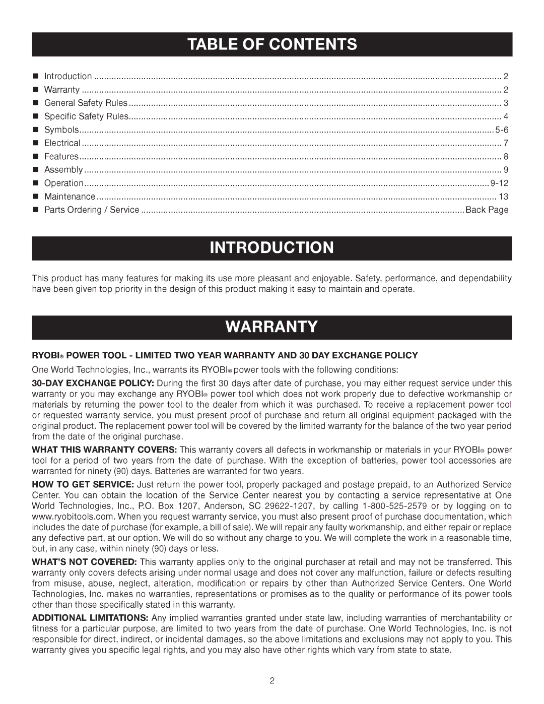 Ryobi RJ165V manual Introduction, Table of Contents 