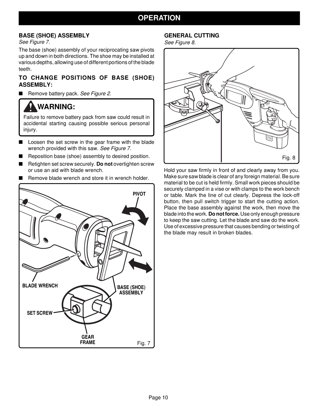 Ryobi RJC180 specifications To Change Positions of Base Shoe Assembly, General Cutting, Pivot 