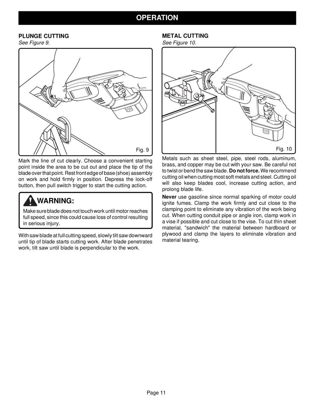 Ryobi RJC180 specifications Plunge Cutting, Metal Cutting 