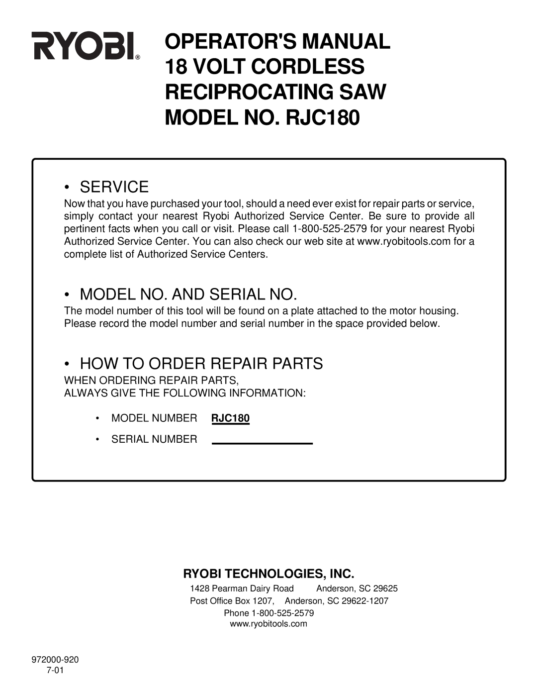 Ryobi RJC180 specifications Service Model NO. and Serial no 