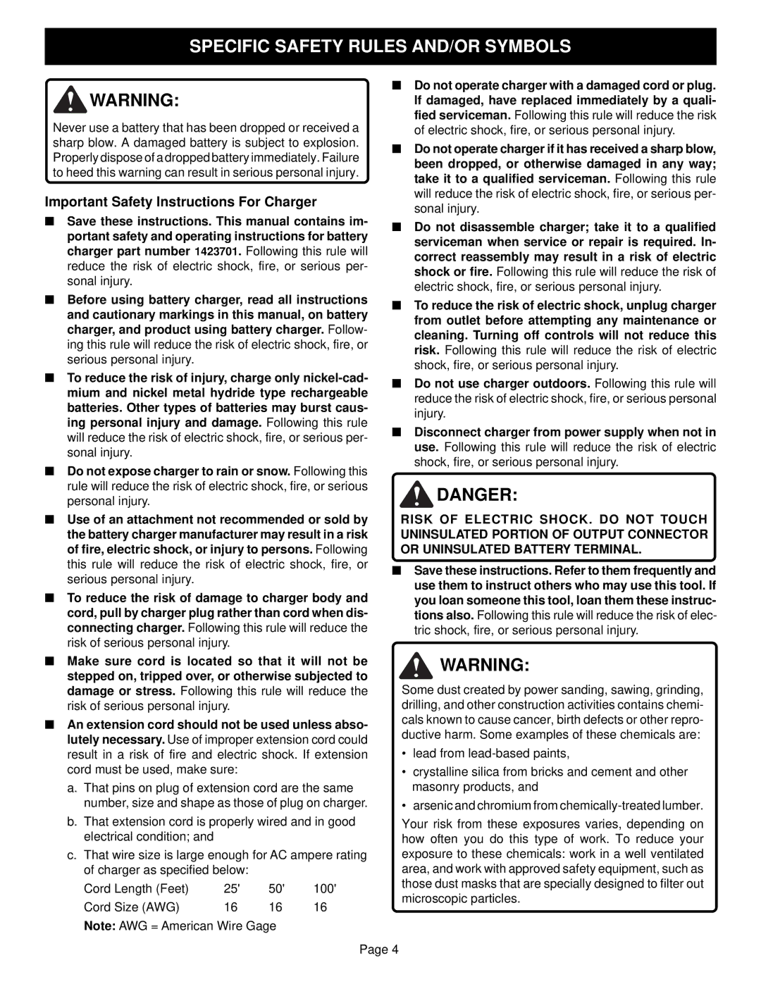 Ryobi RJC180 specifications Important Safety Instructions For Charger 