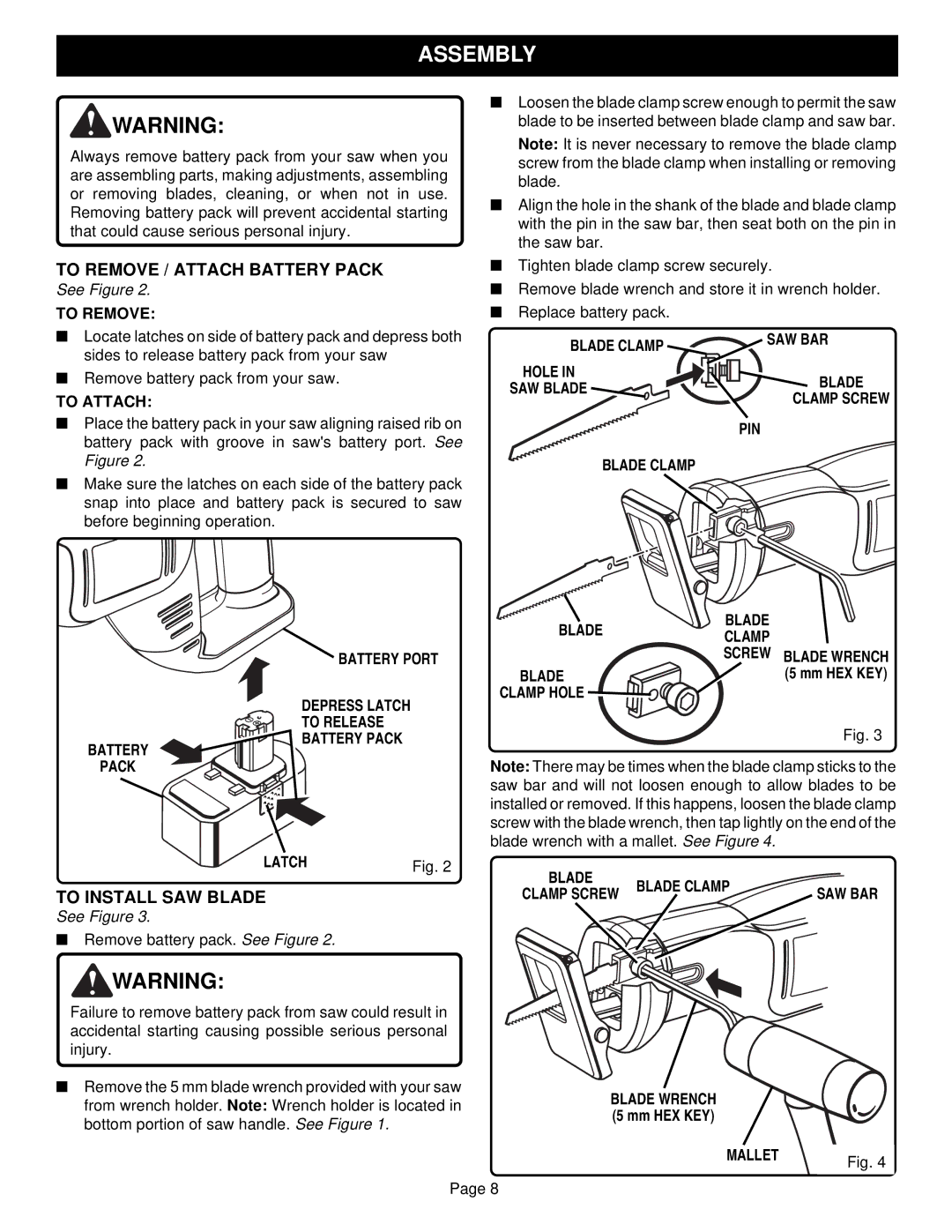 Ryobi RJC180 specifications Assembly, To Remove / Attach Battery Pack, To Install SAW Blade 