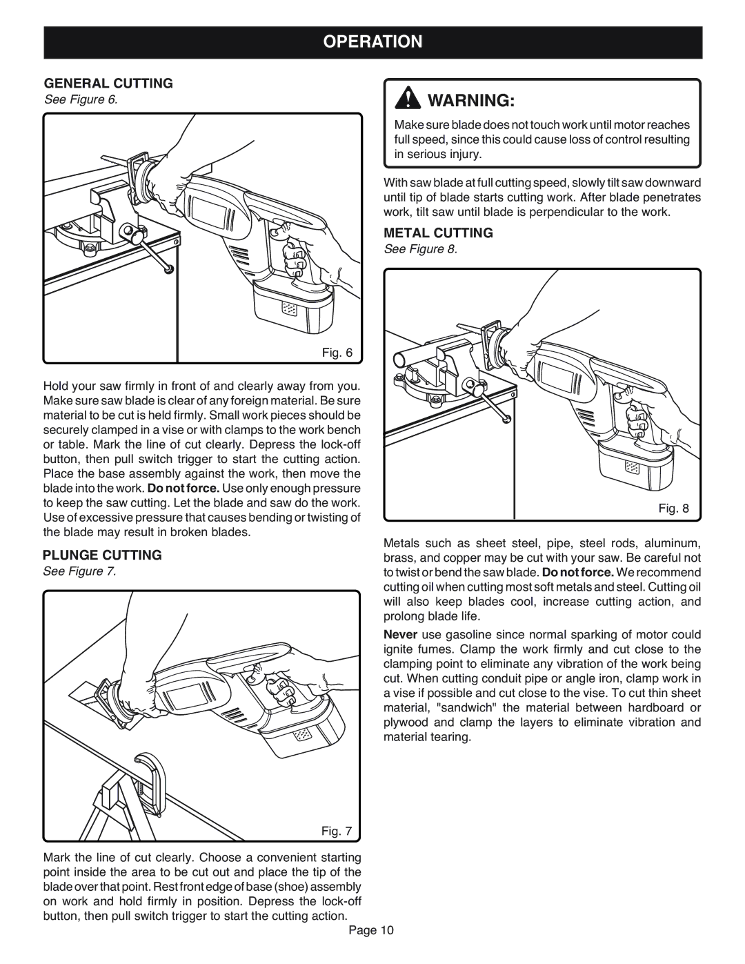 Ryobi RJC181 specifications General Cutting, Plunge Cutting, Metal Cutting 