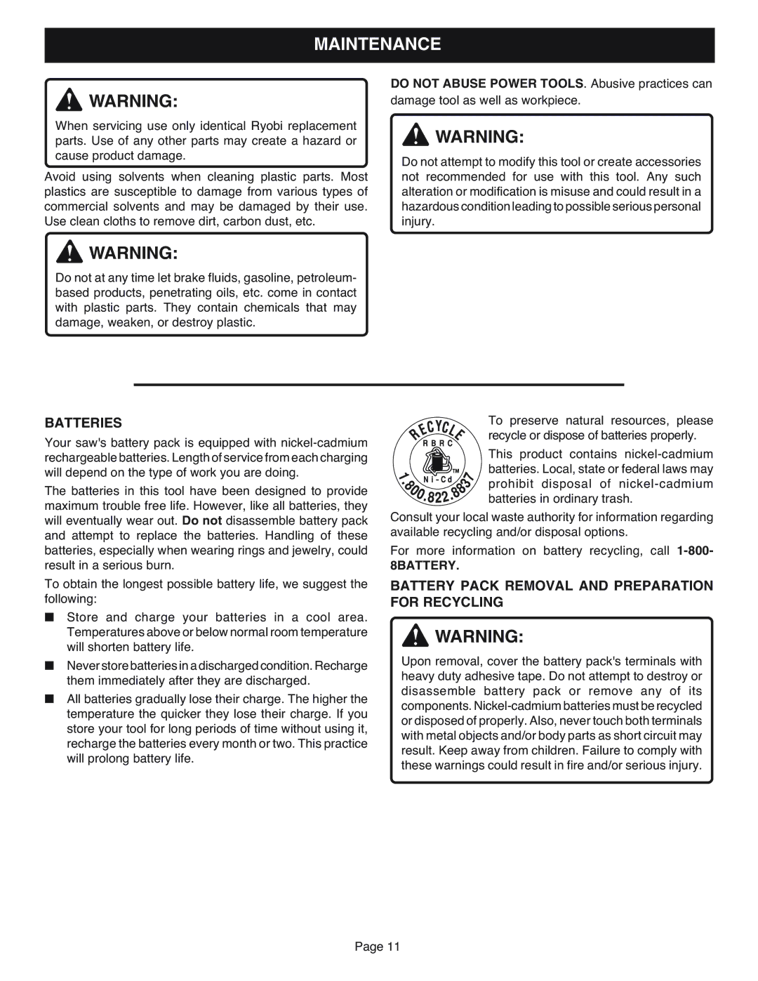 Ryobi RJC181 specifications Maintenance, Batteries, Battery Pack Removal and Preparation, For Recycling, 8BATTERY 