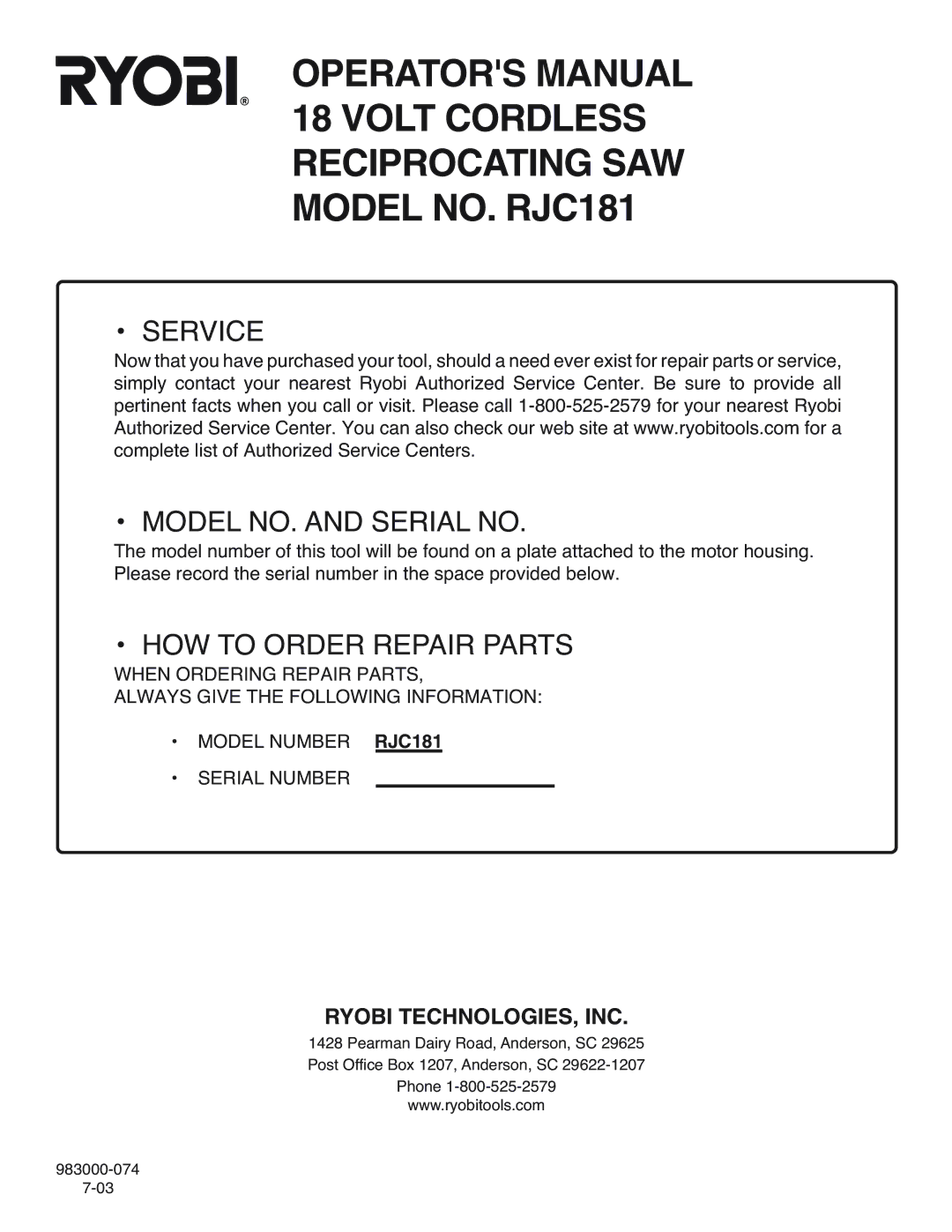 Ryobi RJC181 specifications Service Model NO. and Serial no 