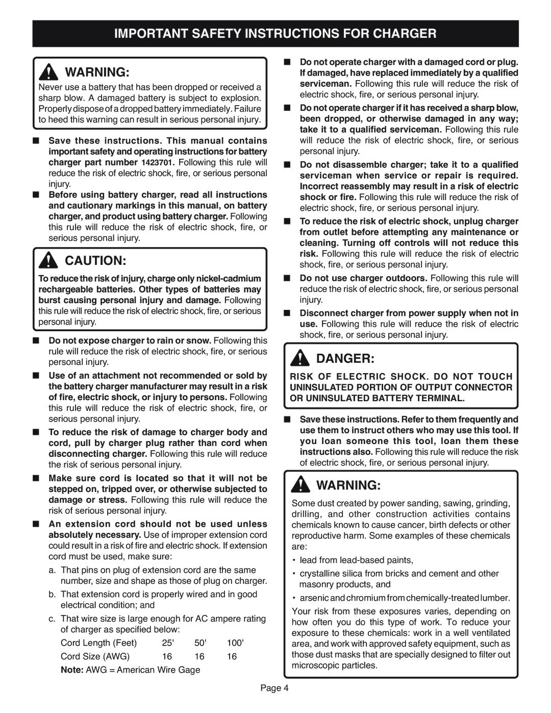 Ryobi RJC181 specifications Important Safety Instructions for Charger, Risk of Electric SHOCK. do not Touch 