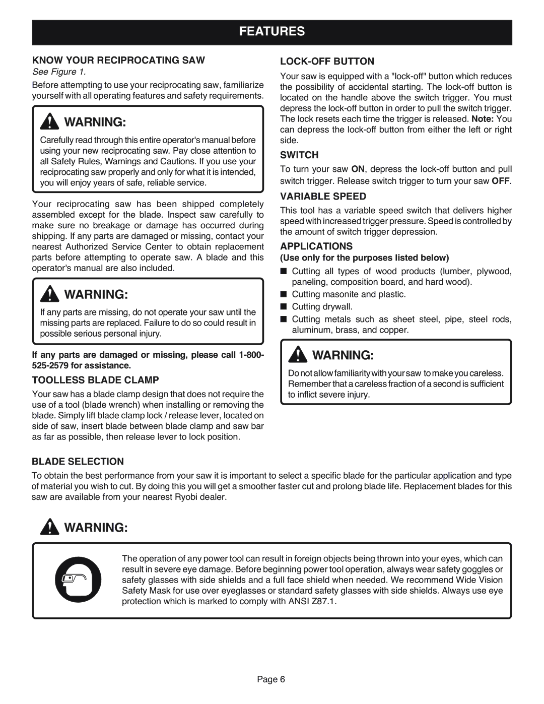 Ryobi RJC181 specifications Features 