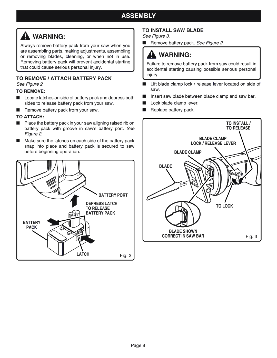 Ryobi RJC181 specifications Assembly, To Remove / Attach Battery Pack, To Install SAW Blade 