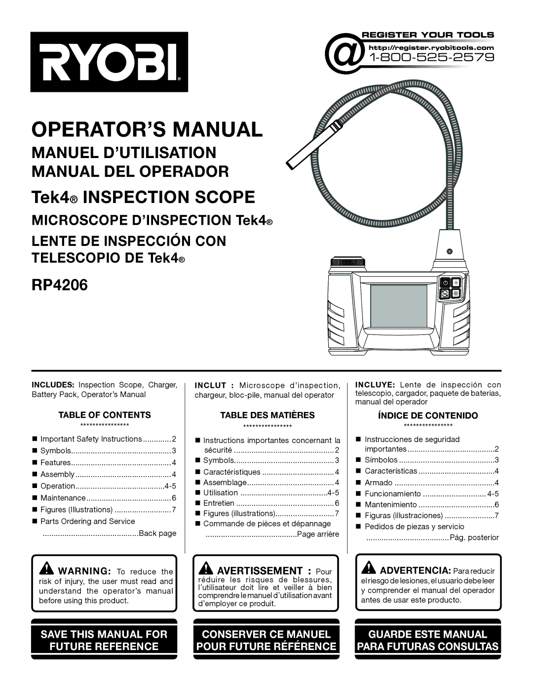 Ryobi RP4206 manuel dutilisation Avertissement Pour, Table of Contents, Table DES Matières, Índice DE Contenido 