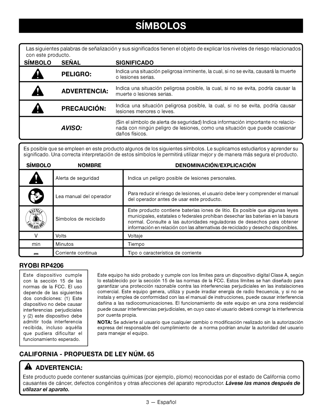 Ryobi RP4206 Símbolos, Peligro, California Propuesta DE LEY NÚM Advertencia, Símbolo Nombre DENOMINACIÓN/EXPLICACIÓN 