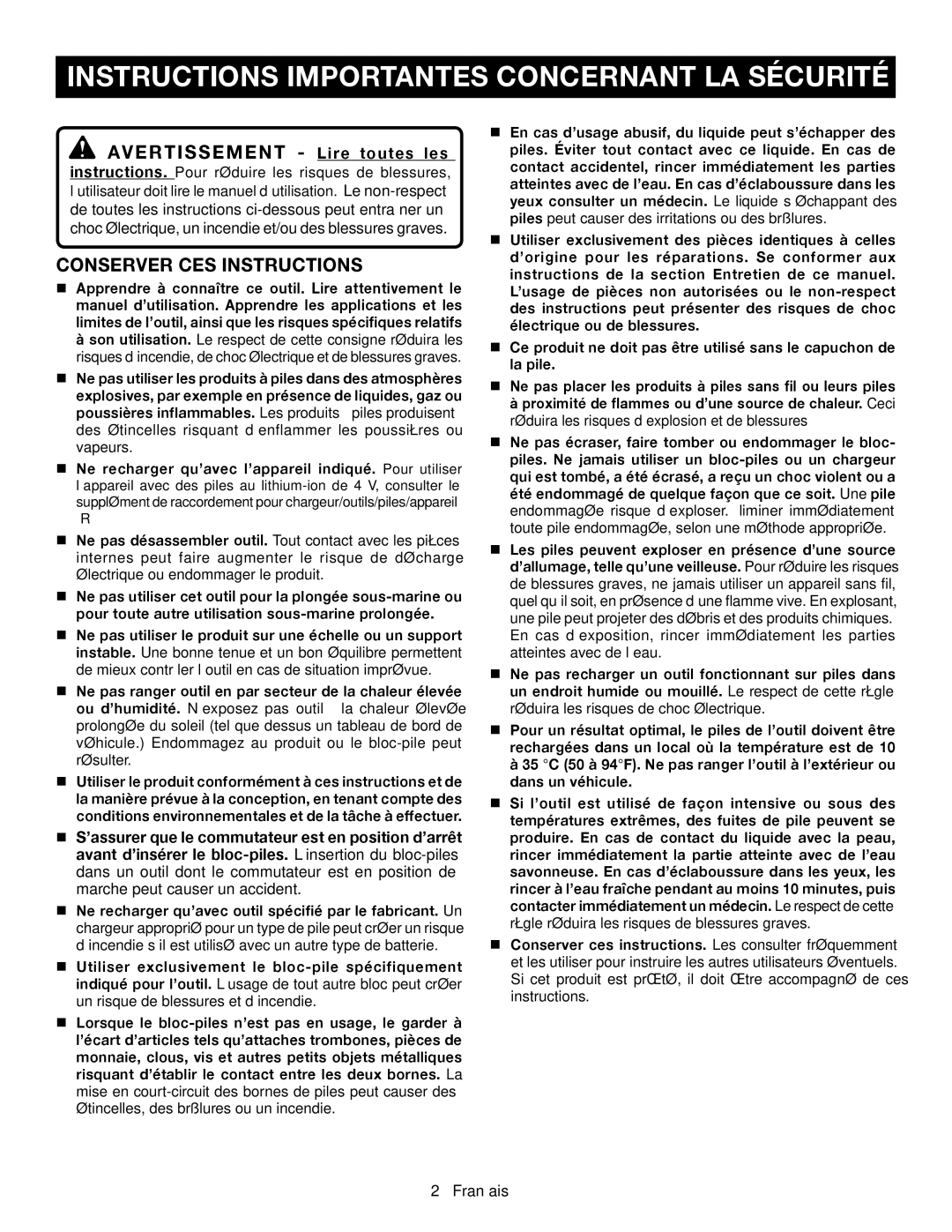 Ryobi RP4206 Instructions Importantes Concernant LA Sécurité, Avertissement Lire toutes les, Conserver CES Instructions 