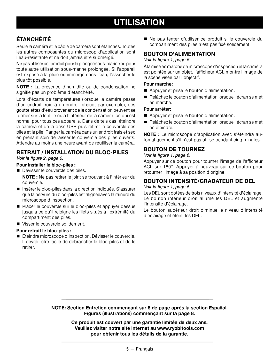 Ryobi RP4206 manuel dutilisation Étanchéité, Retrait / Installation DU BLOC-PILES, Bouton D’ALIMENTATION, Bouton DE Tournez 