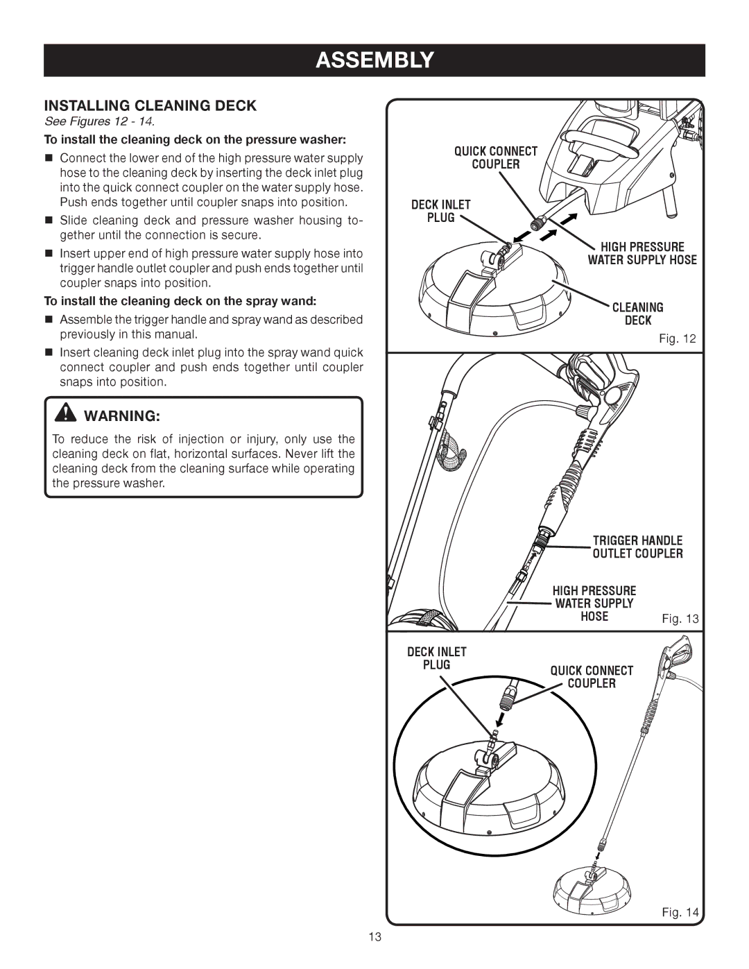 Ryobi RPW2500WB user manual Installing Cleaning Deck, See Figures 12, Trigger Handle 