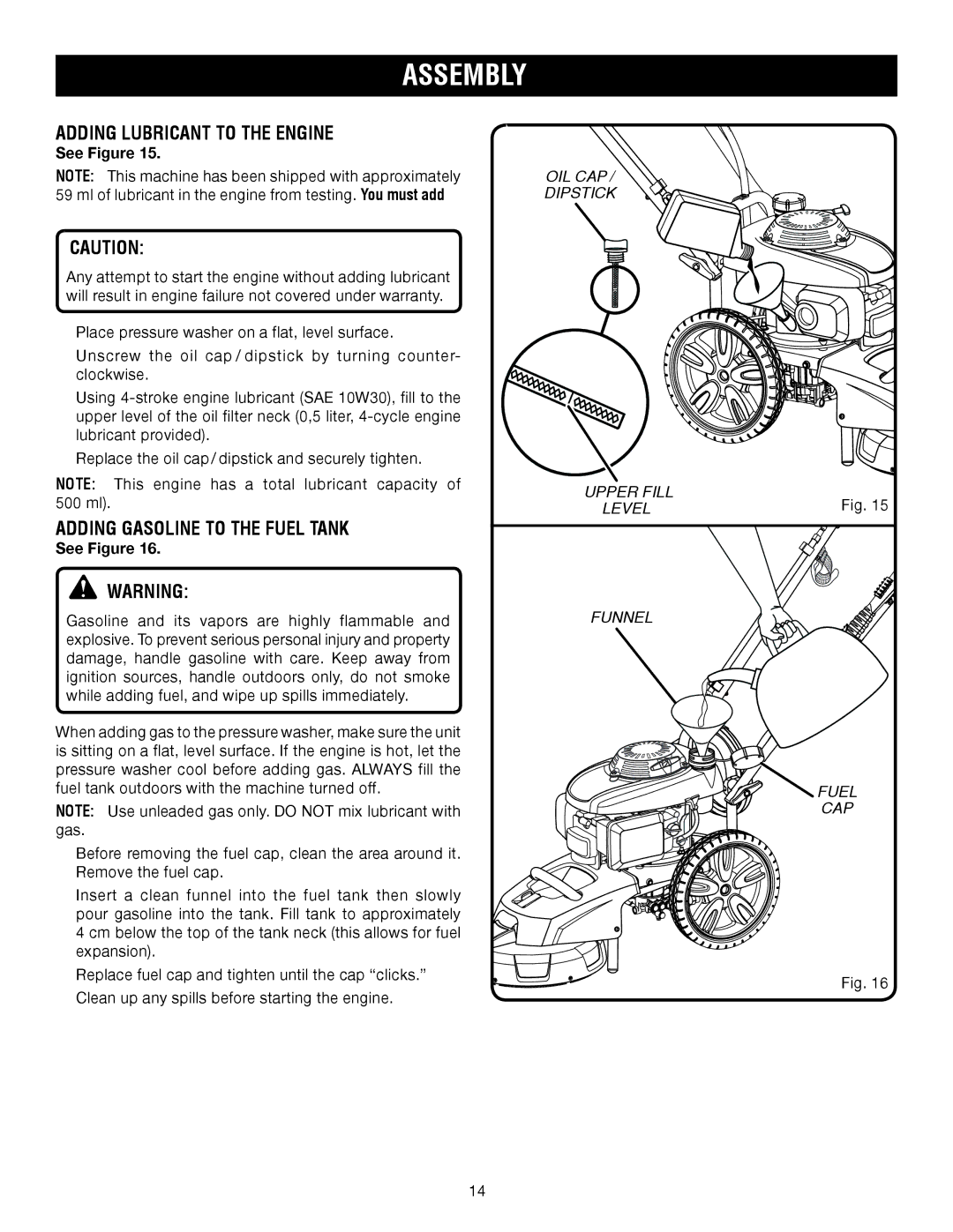 Ryobi RPW2500WB user manual Adding Lubricant to the Engine, Adding Gasoline to the Fuel Tank, OIL CAP / Dipstick, Funnel 