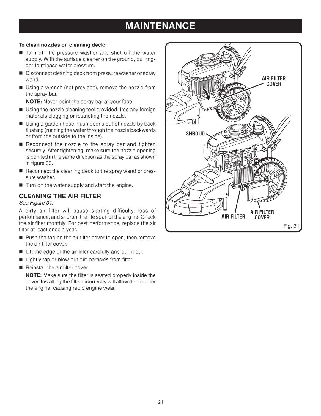 Ryobi RPW2500WB user manual Cleaning the AIR Filter, To clean nozzles on cleaning deck, AIR Filter Cover 