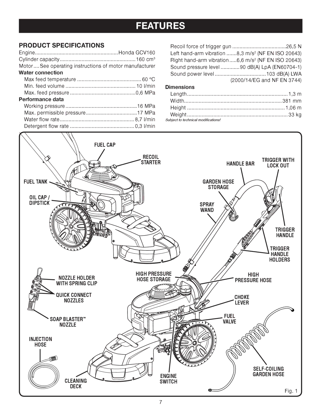 Ryobi RPW2500WB user manual Features, Product Specifications 