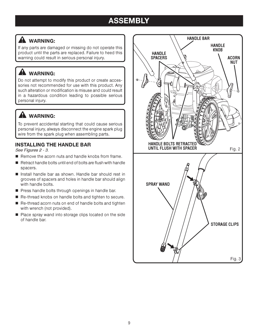 Ryobi RPW2500WB user manual Installing the Handle BAR, See Figures 2 