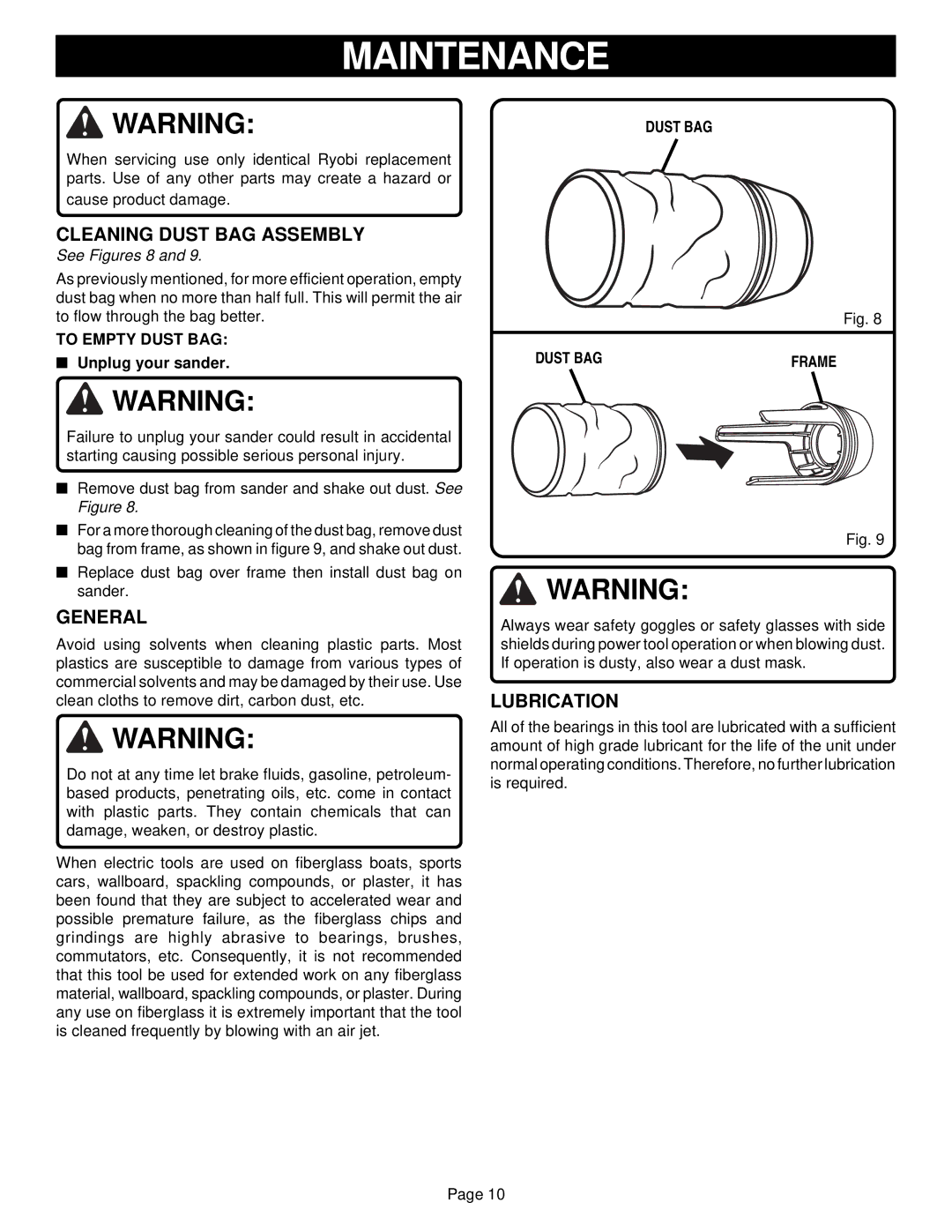 Ryobi RS240 specifications Maintenance, Cleaning Dust BAG Assembly, General, Lubrication 