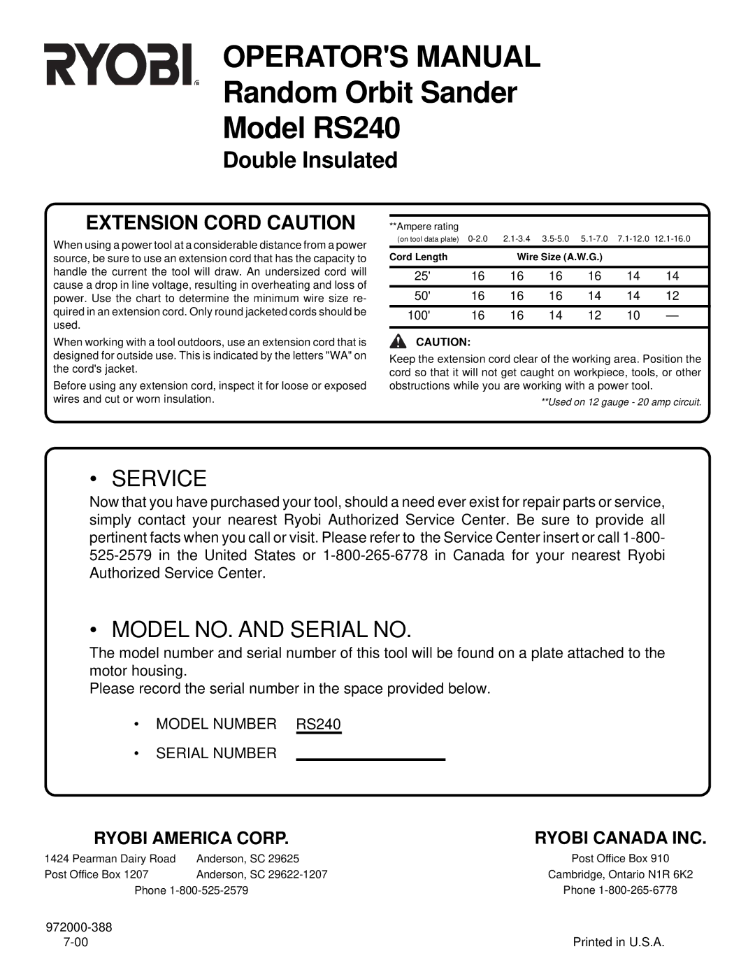 Ryobi RS240 specifications Double Insulated 