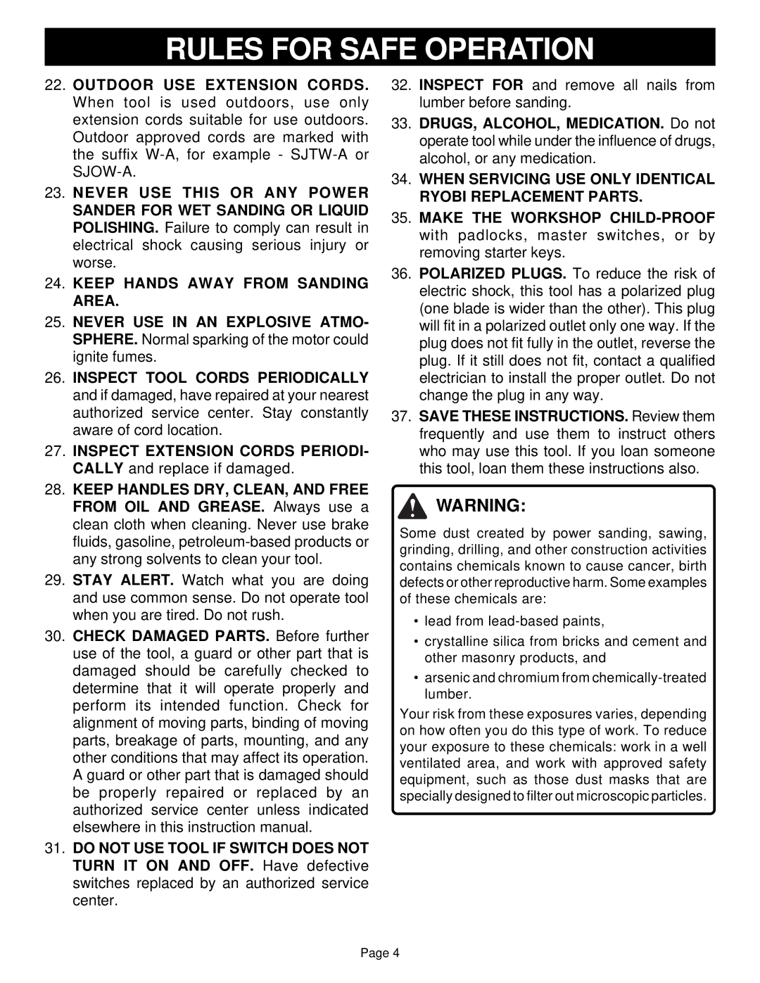 Ryobi RS240 specifications Keep Hands Away from Sanding Area, When Servicing USE only Identical Ryobi Replacement Parts 