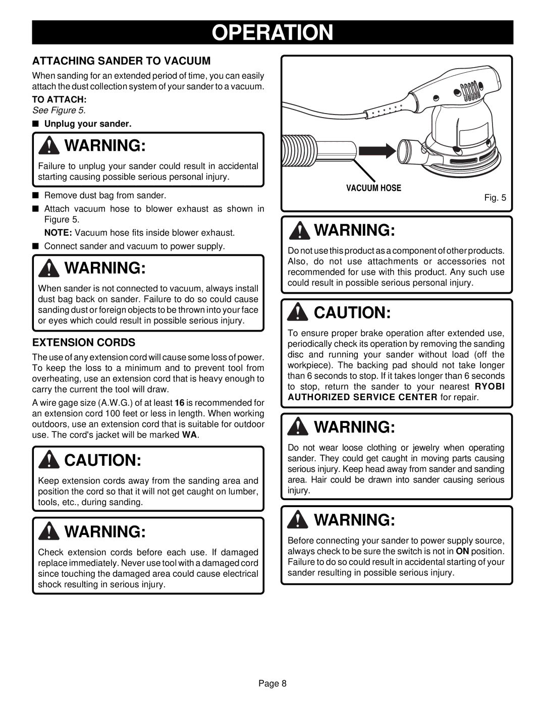 Ryobi RS240 specifications Attaching Sander to Vacuum, Extension Cords, To Attach, Vacuum Hose 