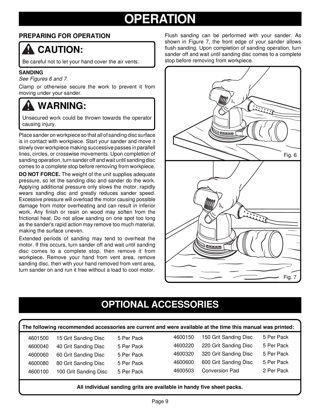 Ryobi RS240 specifications Preparing for Operation, Sanding, See Figures 6 