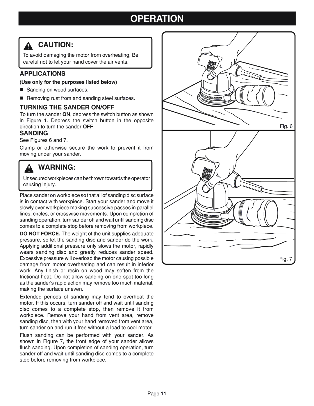 Ryobi RS2418 manual Operation, Applications, Turning the Sander ON/OFF, Sanding, See Figures 6 