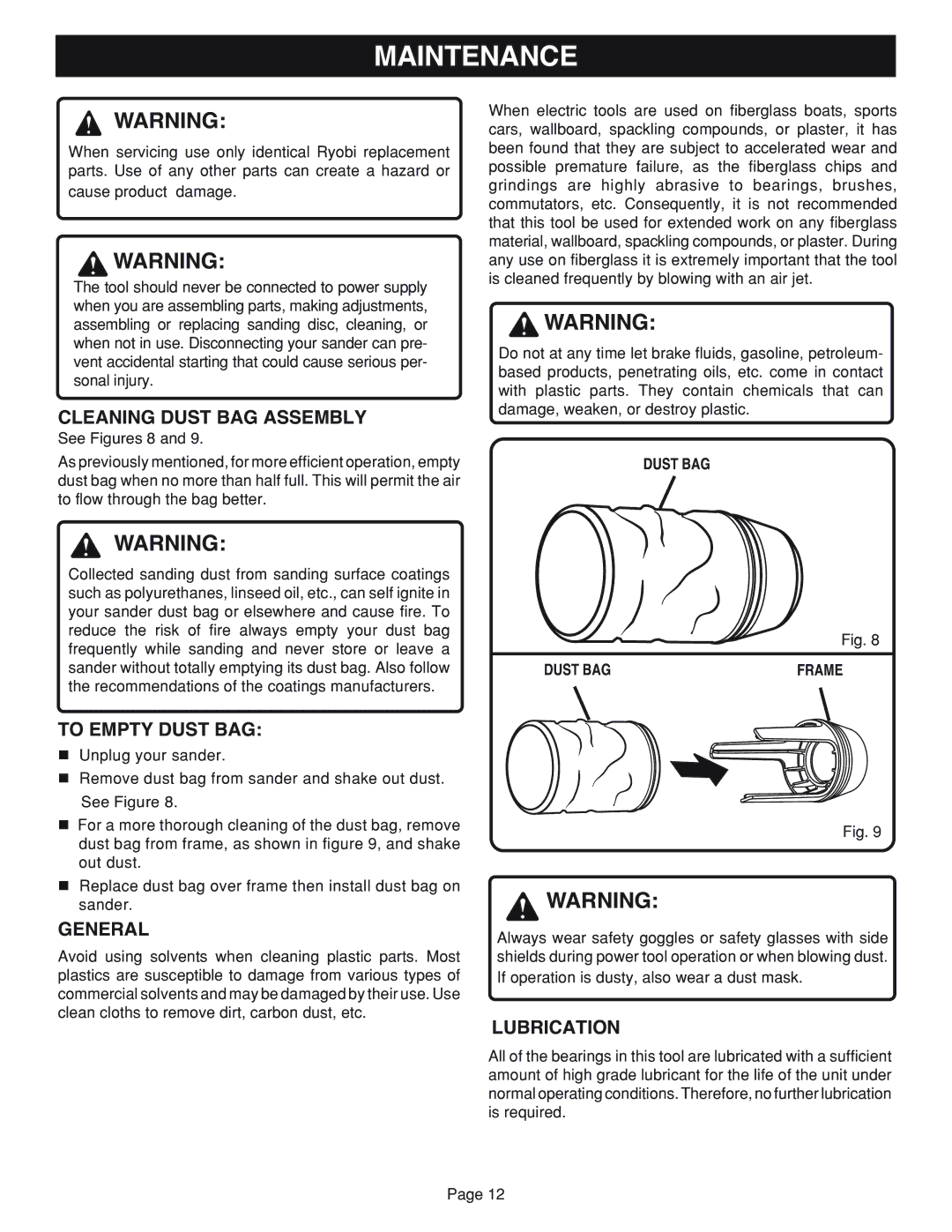 Ryobi RS2418 manual Maintenance, Cleaning Dust BAG Assembly, To Empty Dust BAG, General, Lubrication 